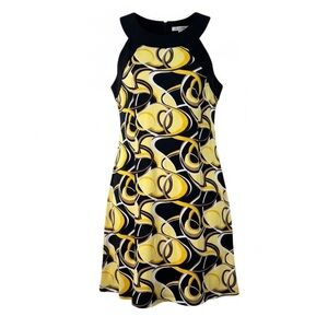 VTG Y2K Alyn Paige Abstract Yellow Black‎ Geometric Midi Dress L Mod Retro